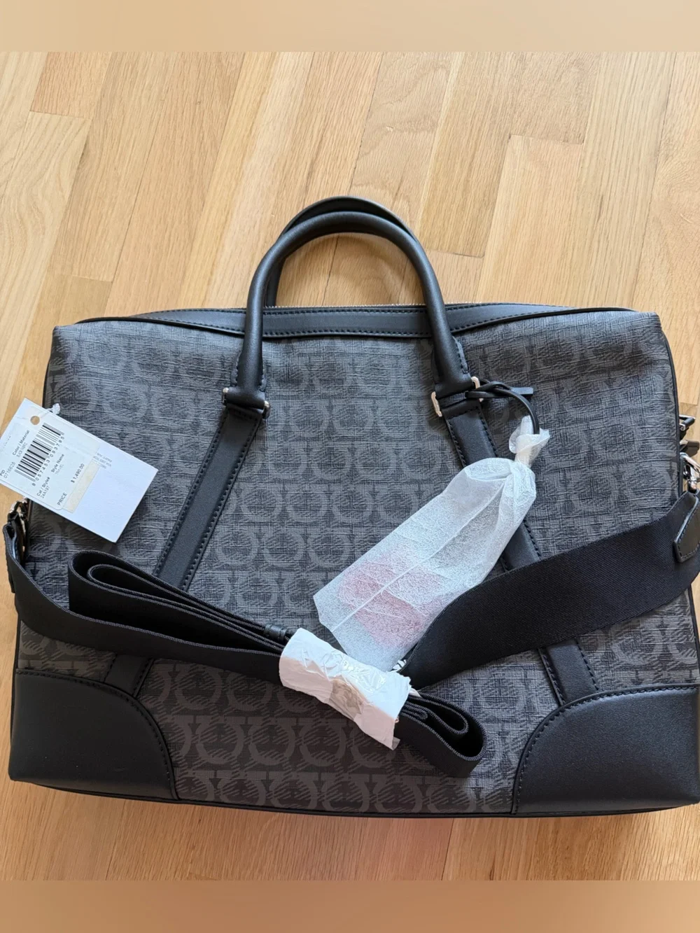 Salvatore Ferragamo Gray Gancini Logo Briefcase with Black Trim and Red Tag